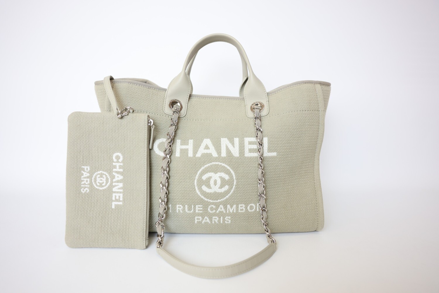 Chanel Deauville Tote Large Sage Green Canvas With Silver Hardware, Preowned In Dustbag WA001