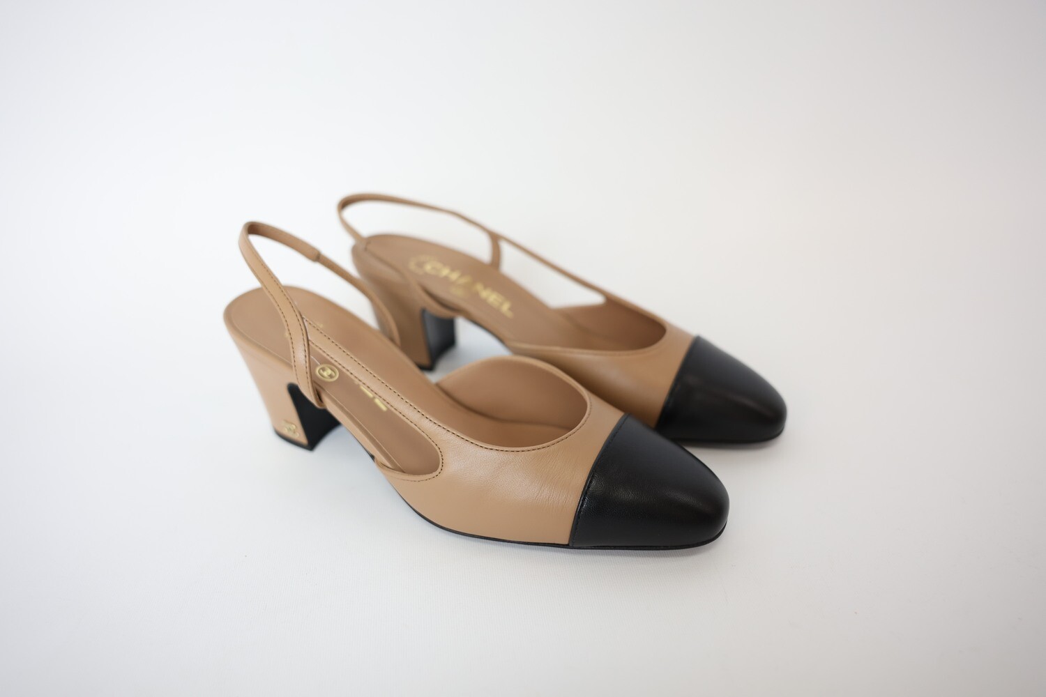 Chanel Slingback Pumps, Dark Beige with Black Captoe, Size 37.5, New in Box WA001