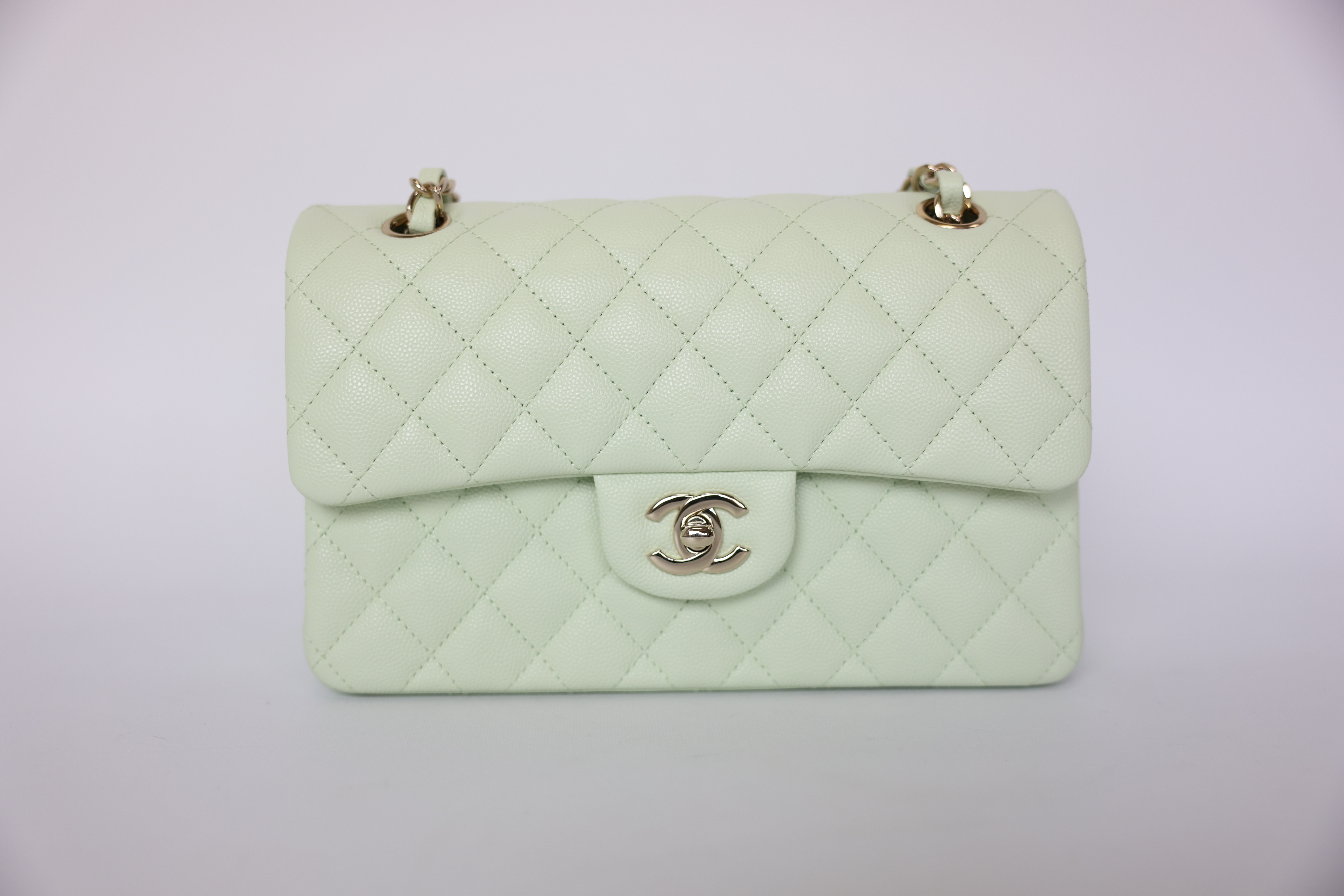 Chanel Small Classic Flap Handbag, Light Green Caviar Leather With Gold  Hardware, Preowned In Box, WA001
