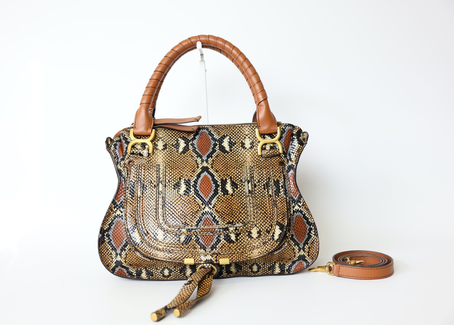 Chloe Marcie Shoulder Satchel, Brown Python Print Calfskin, Preowned No Dustbag WA001