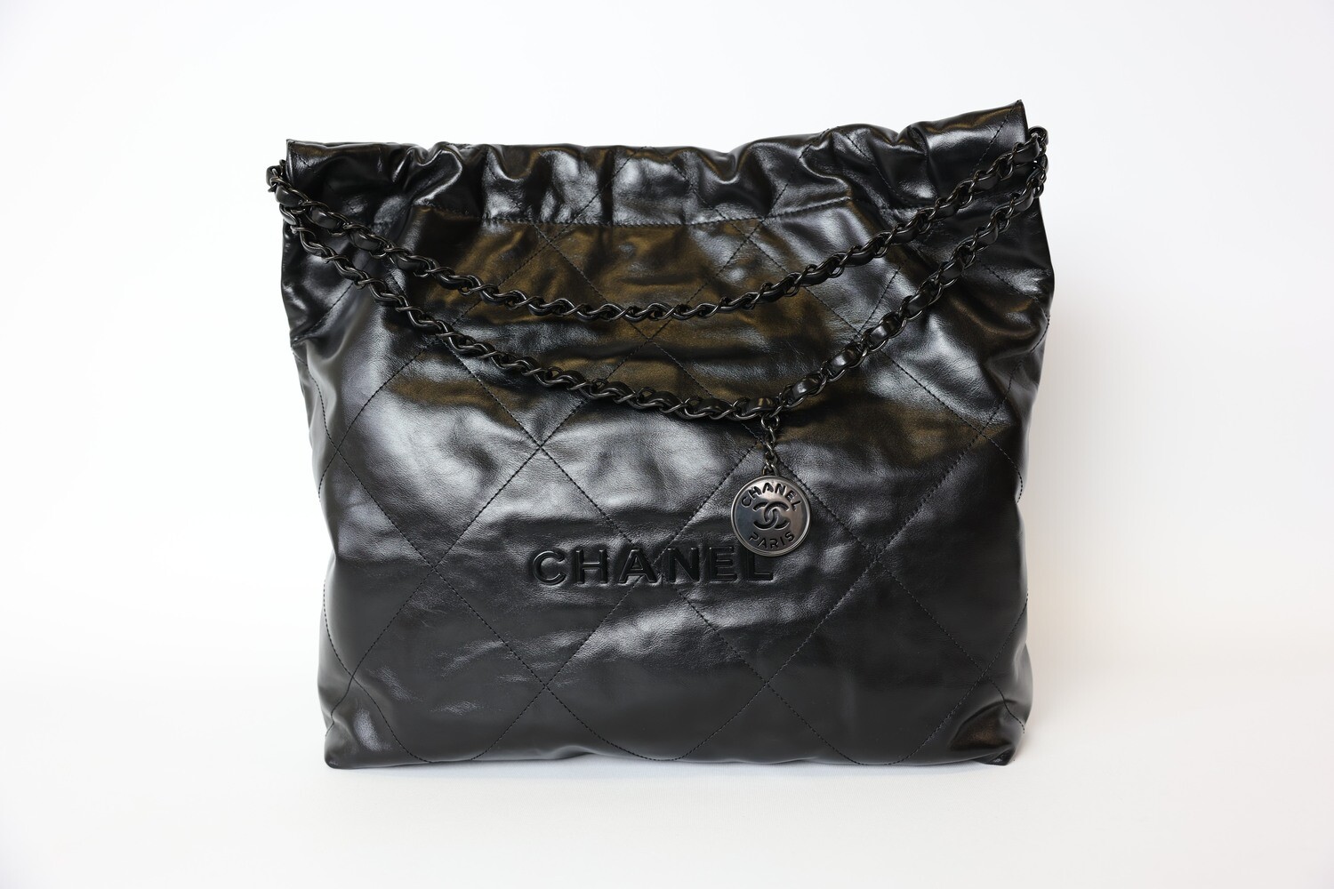 Chanel 22 Tote Medium, So Black Leather and Hardware, Preowned in Box WA001