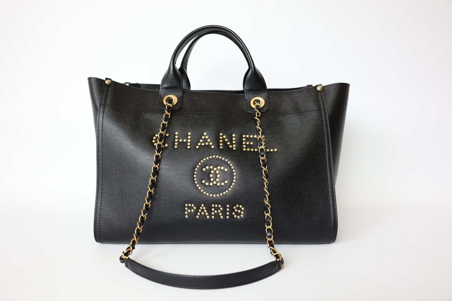 Chanel Deauville Large, Black Caviar Leather Studded with Brushed Gold Hardware, Preowned In Dustbag WA001