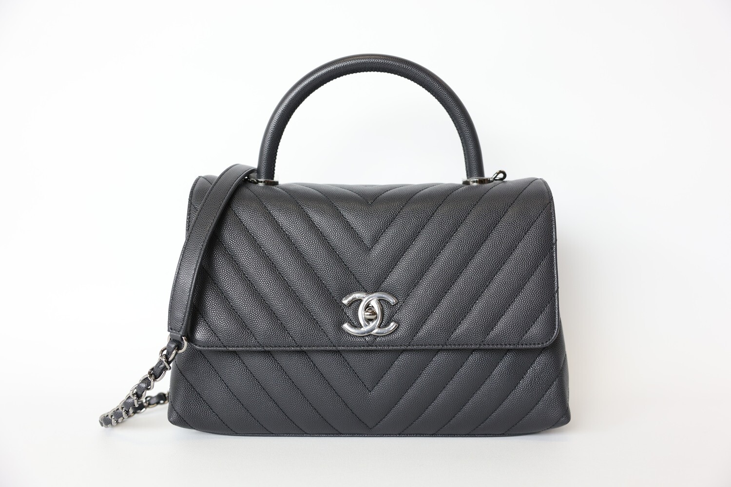 Chanel Coco Handle Small, Dark Grey Chevron Caviar with Shiny Ruthenium Hardware, Preowned in Dustbag WA001