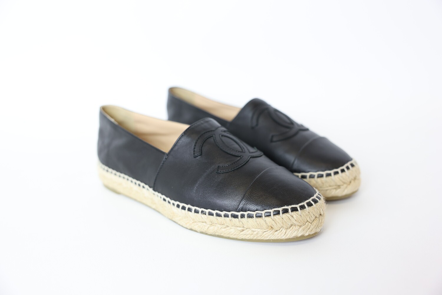 Chanel Shoes Espadrilles, Black Leather, Size 37, Preowned in Box WA001