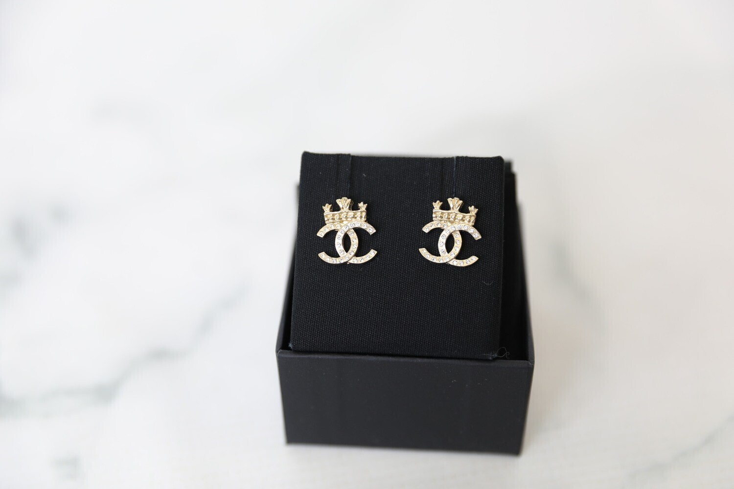 Chanel Earrings Double CC Studs with Crown, Light Gold and Crystal, New in Box MA001