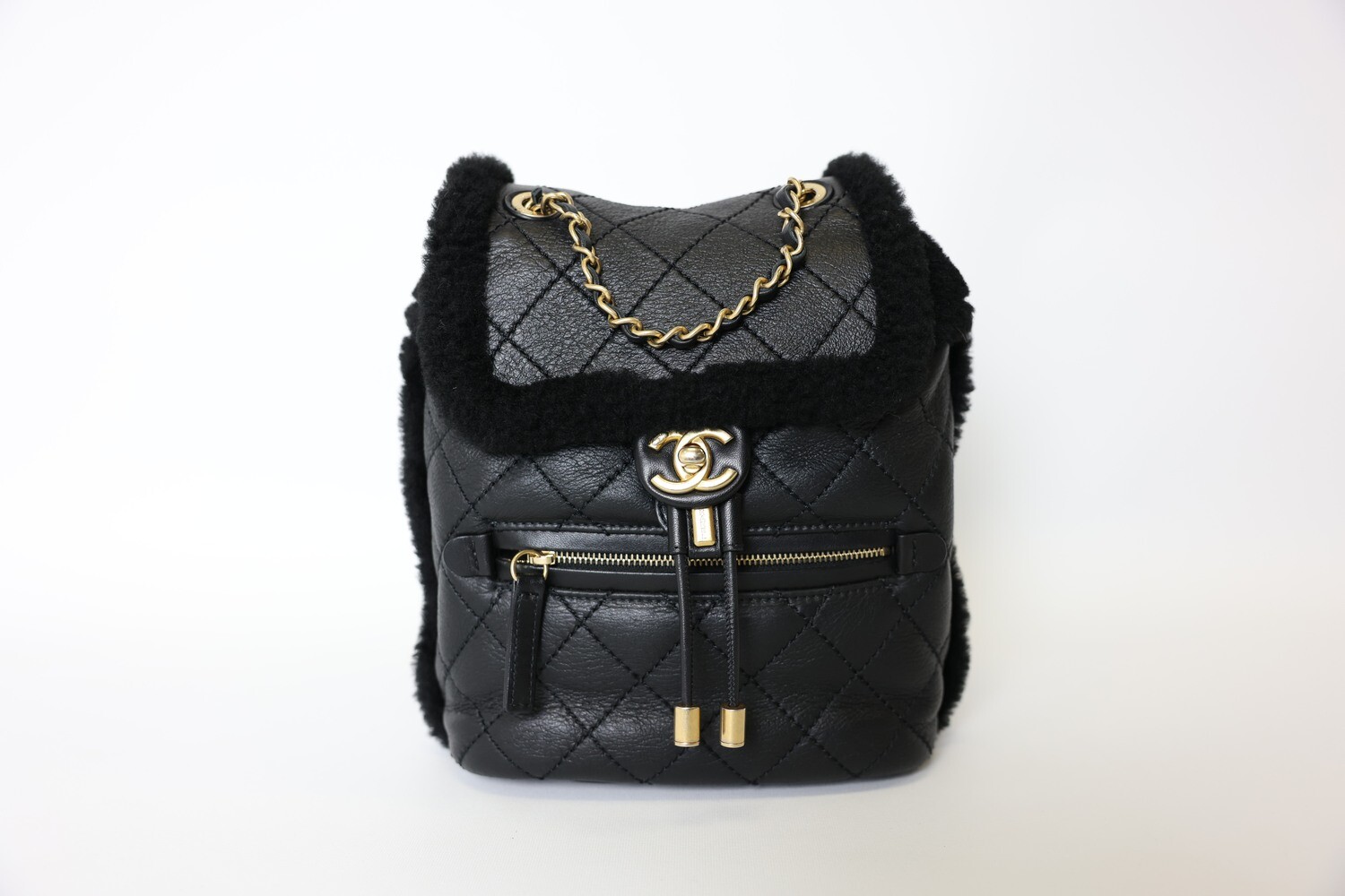Chanel Quilted Backpack, Black Shearling and Calfskin Leather, Preowned in Dustbag WA001