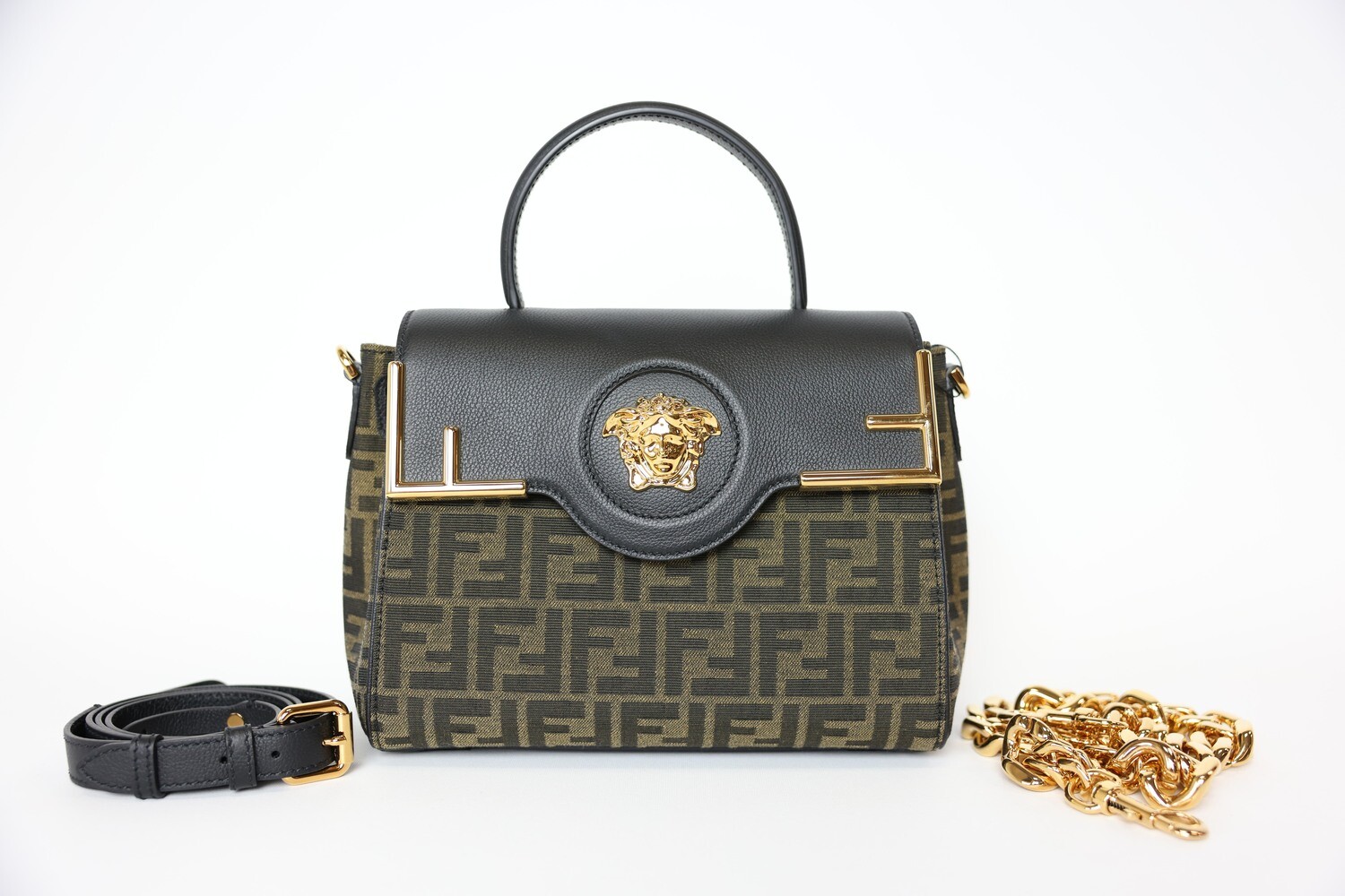 Fendace Fendi X Versace La Medusa, Monogram and Black Leather, Preowned in Dustbag WA001