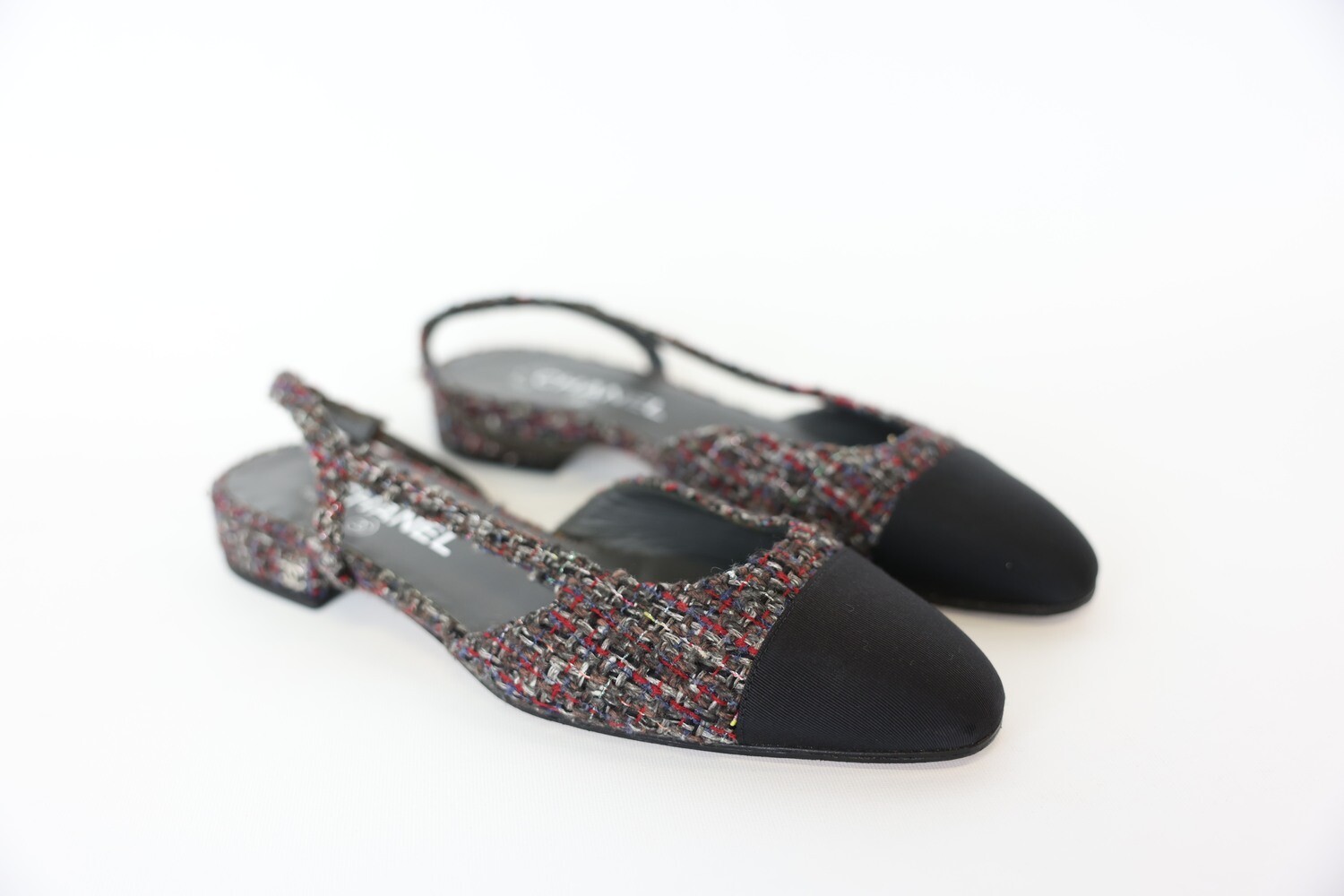 Chanel Slingback With Black And Tweed, Size 38.5 Preowned In Dustbag WA001