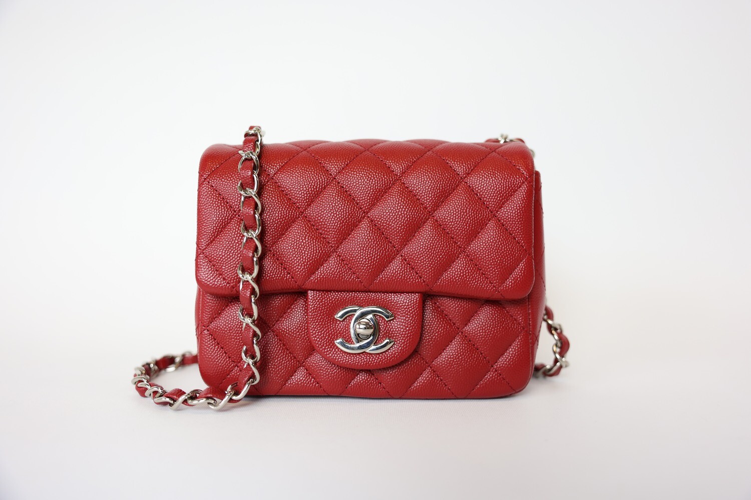 Chanel Classic Mini Square, Red Caviar with Silver Hardware, Preowned in Dustbag WA001