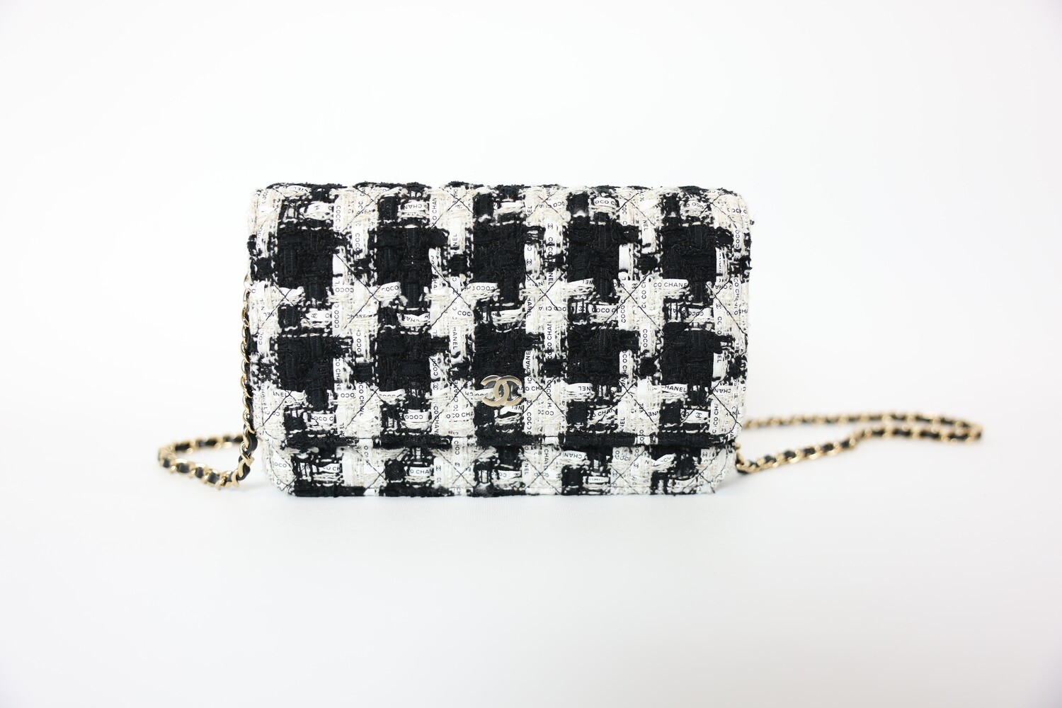 Chanel Classic Wallet on Chain, Black and White Ribbon Tweed with Gold Hardware, Preowned in Box WA001