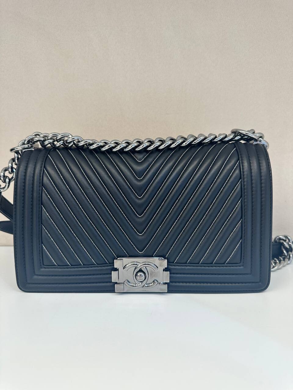 Chanel Boy, Old Medium, Chevron Black Lambskin Leather, Ruthenium Hardware,  Preowned in Dustbag (Ships Duty Free From London)