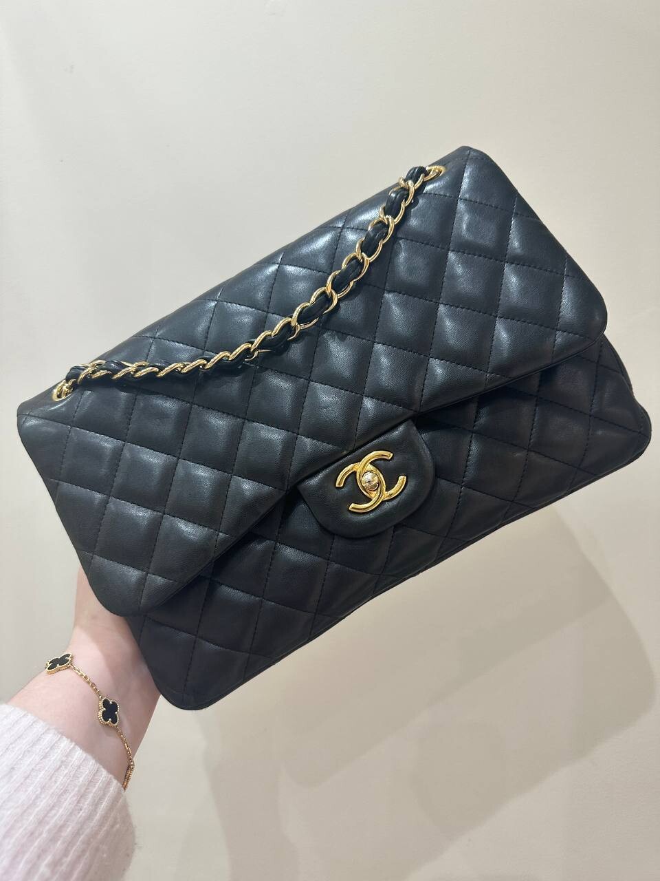 Chanel Classic Double Flap Jumbo, Black Lambskin Leather with Gold Hardware, Preowned No Dustbag (Ships Duty Free From London)