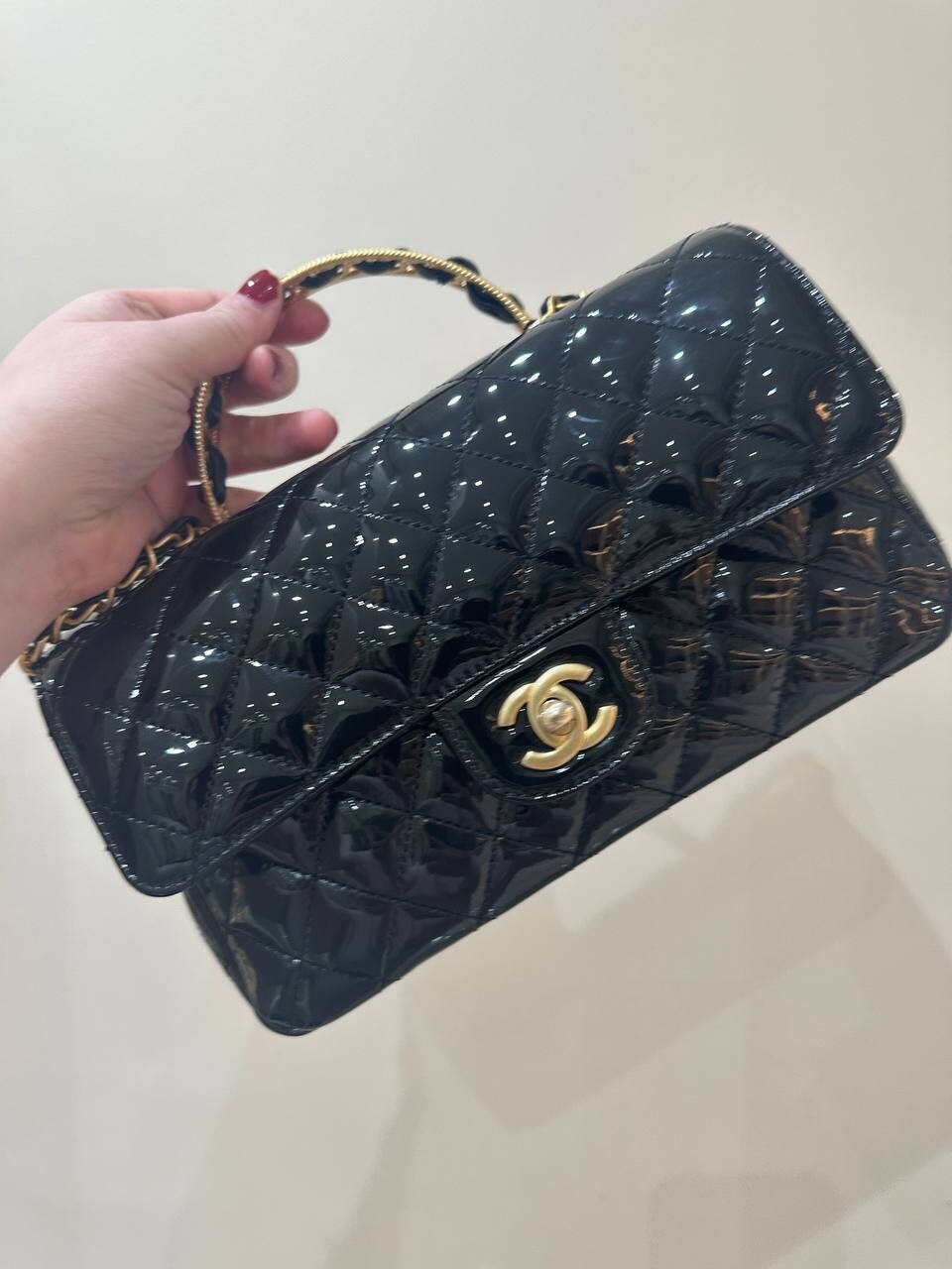 Chanel Top Handle, Black Patent Leather with Brushed Gold Hardware, Preowned in Dustbag (Ships Duty Free From London)