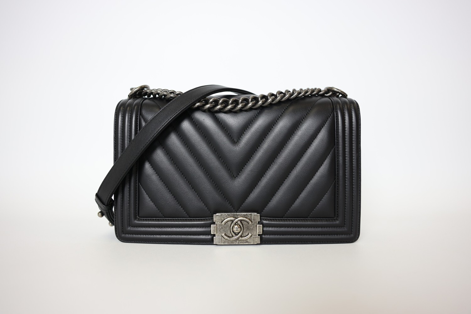 Chanel Boy Old Medium, Black Chevron Calfskin With Ruthenium Hardware, Preowned In Box WA001