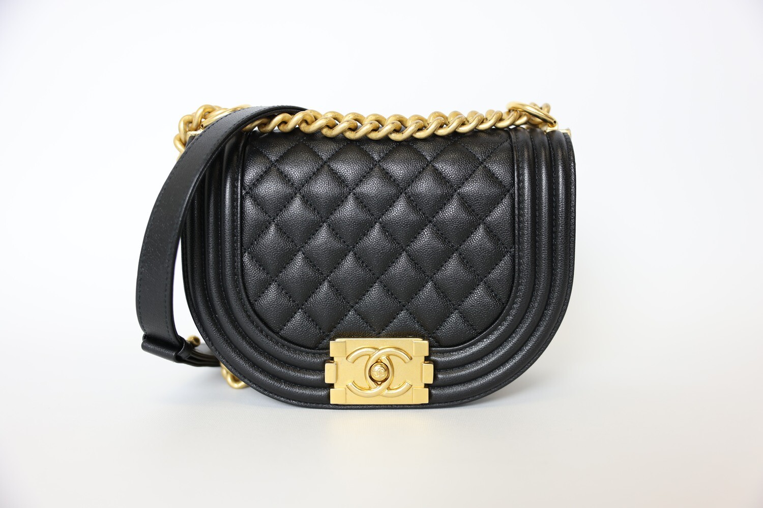 Chanel Boy Messenger Crossbody Flap, Black Caviar Leather With Brushed Gold Hardware, Preowned In Box WA001