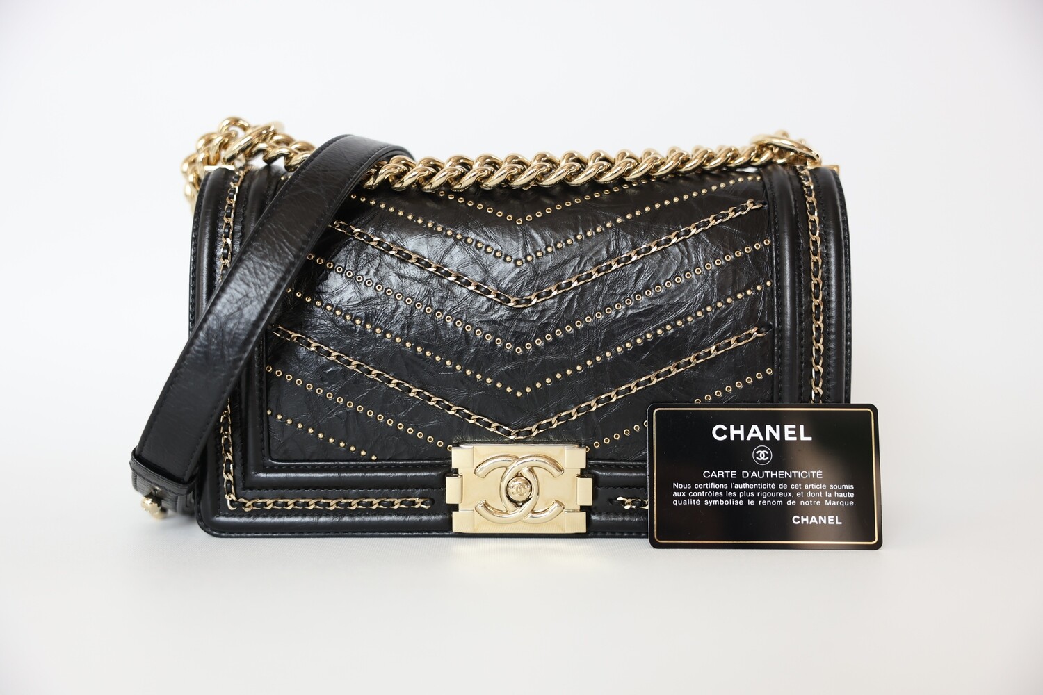 IGLIVE Chanel Boy Old Medium, Black Calfskin With Gold Chevron Chain, Preowned In Box WA001
