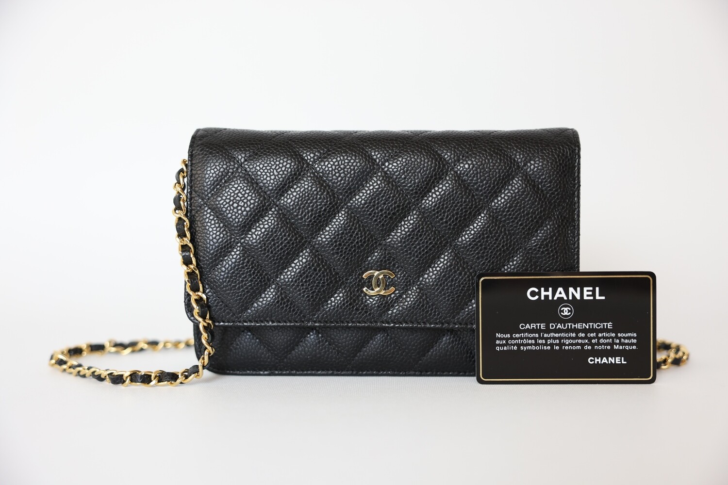 Chanel Classic Wallet On Chain, Black Caviar Leather With Gold Hardware, Preowned In Box WA001