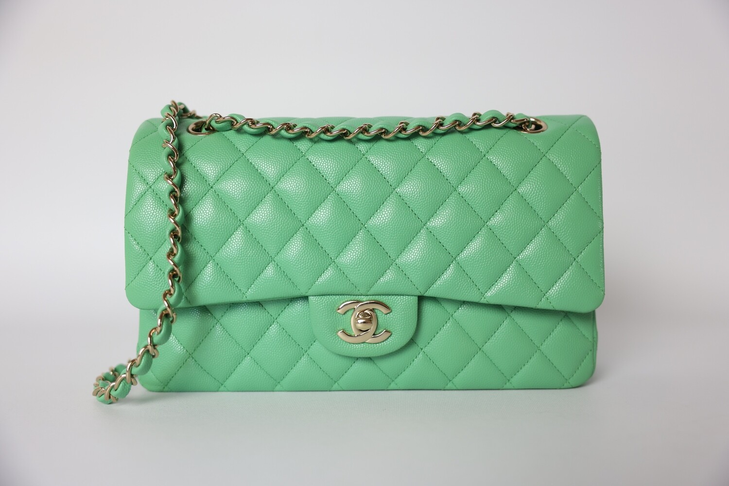 Chanel Classic Double Flap Medium, Green Caviar Leather With Gold Hardware, Preowned In Box WA001