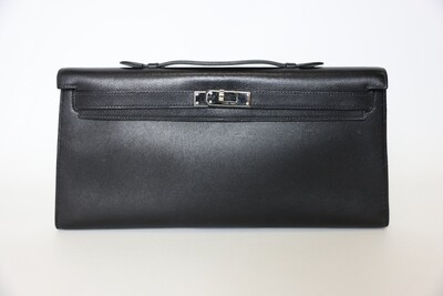 Hermes Kelly Longue Clutch Black With Silver Hardware, Preowned In Dustbag WA001