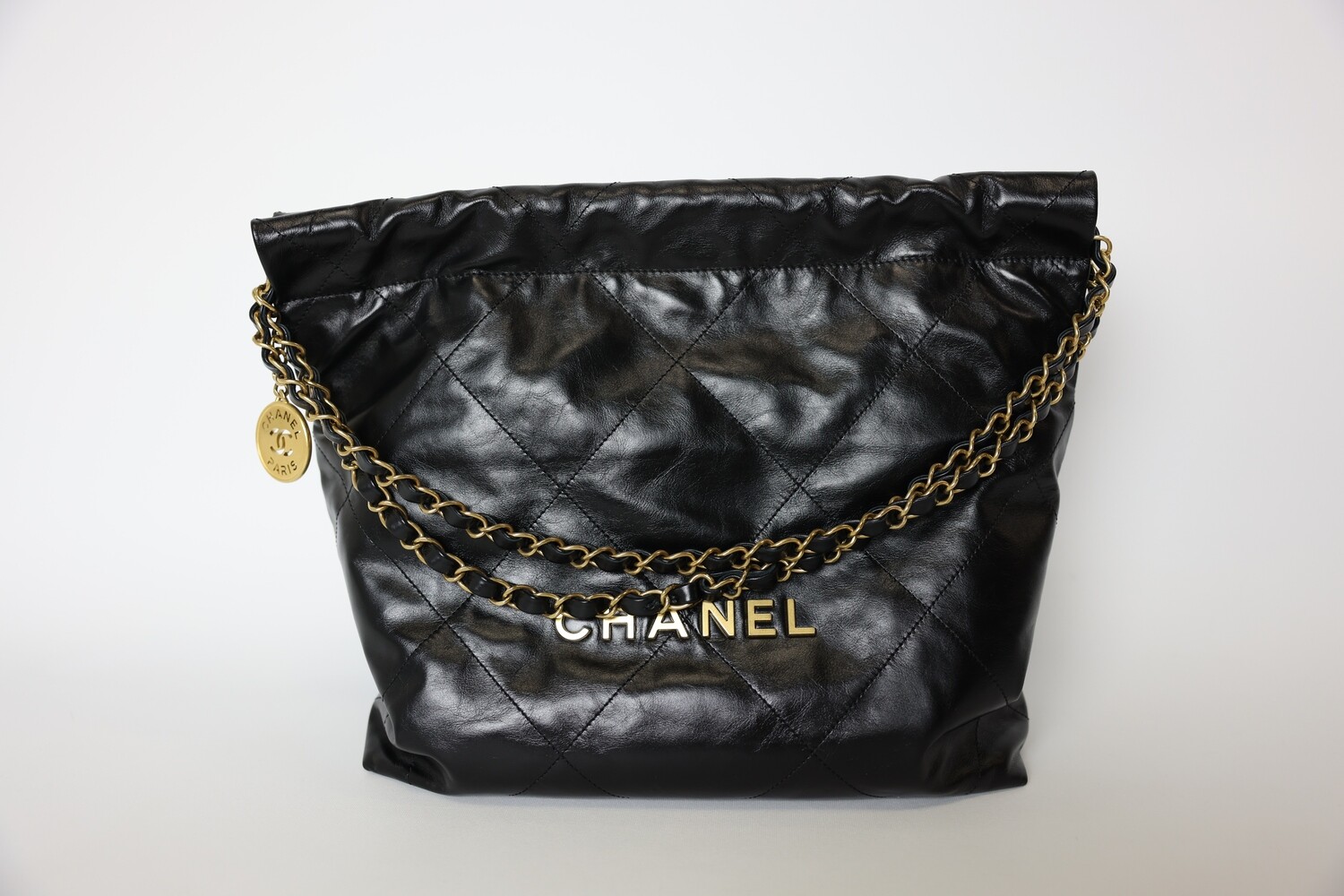 Chanel 22 Small, Black Lambskin Leather With Gold Hardware, Preowned In Box WA001