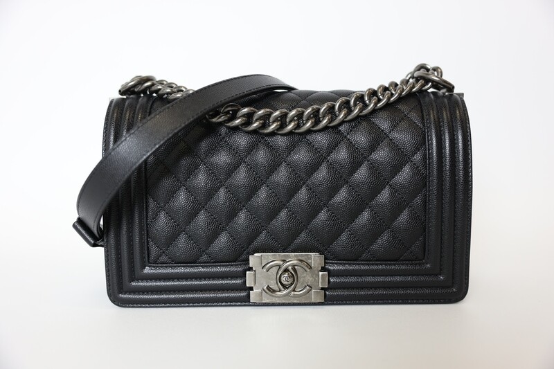 Chanel Boy Old Medium, Black Caviar with Ruthenium Hardware, Preowned in Box MA001