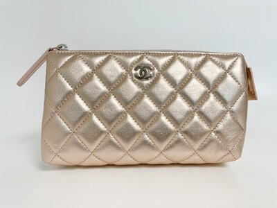 Chanel SLG Pouch, Rose Gold Metallic Leather, Silver Hardware, Like New in Box GA001P
