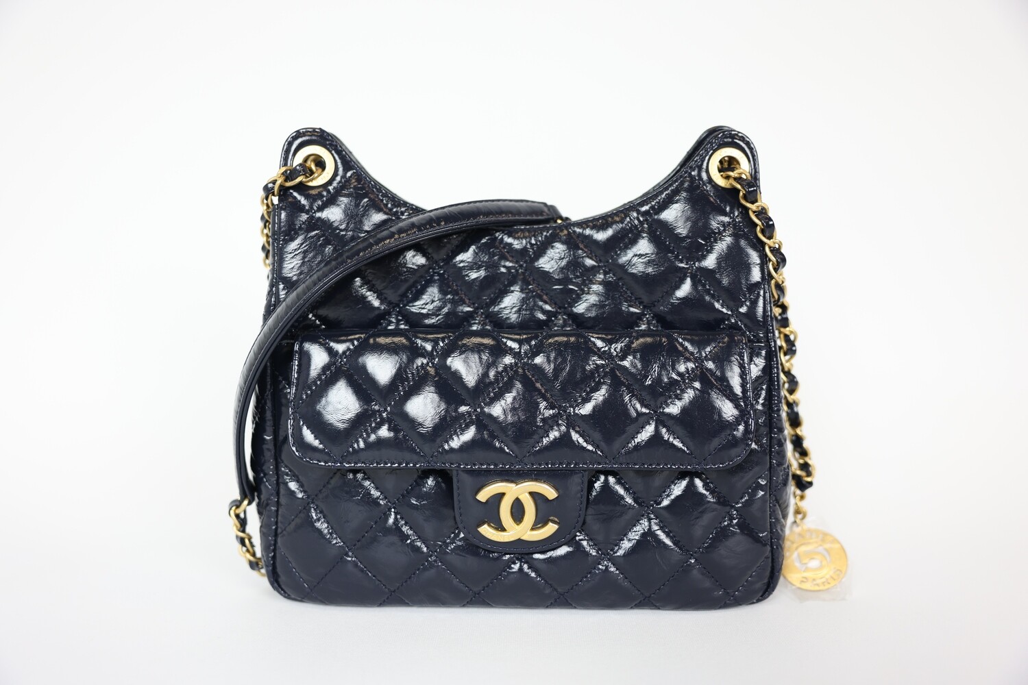 Chanel Wavy CC Hobo Bag, Navy Shiny Crumpled Calfskin With Gold Hardware, Preowned In Box WA001