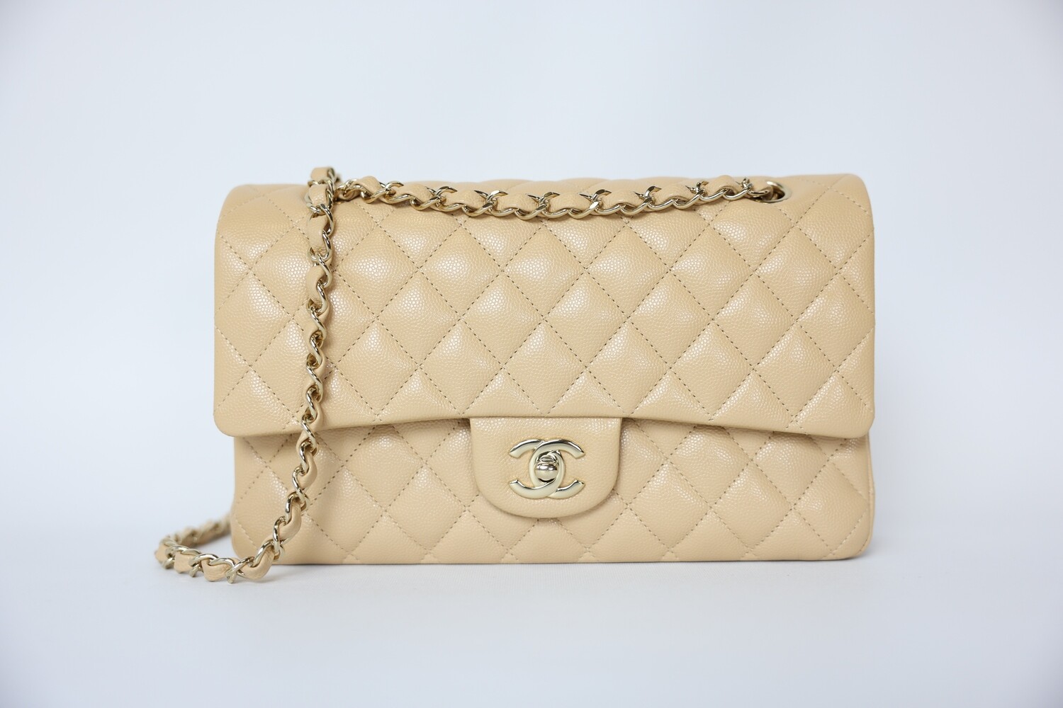 Chanel Classic Double Flap Medium, Beige Quilted Caviar Leather With Gold Hardware Preowned In Box WA001