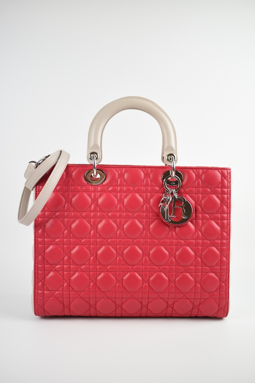 Christian Dior Lady Dior Large, Two-Tone Pink and Beige Lambskin Leather, Silver Hardware, Preowned No Dustbag GA003