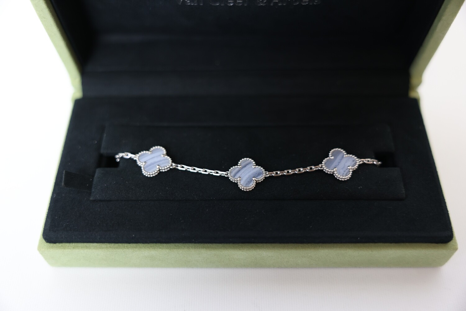 Van Cleef Arpels Bracelet, White Gold Alhambra Chalcedony 5 Motif Preowend In Box WA001