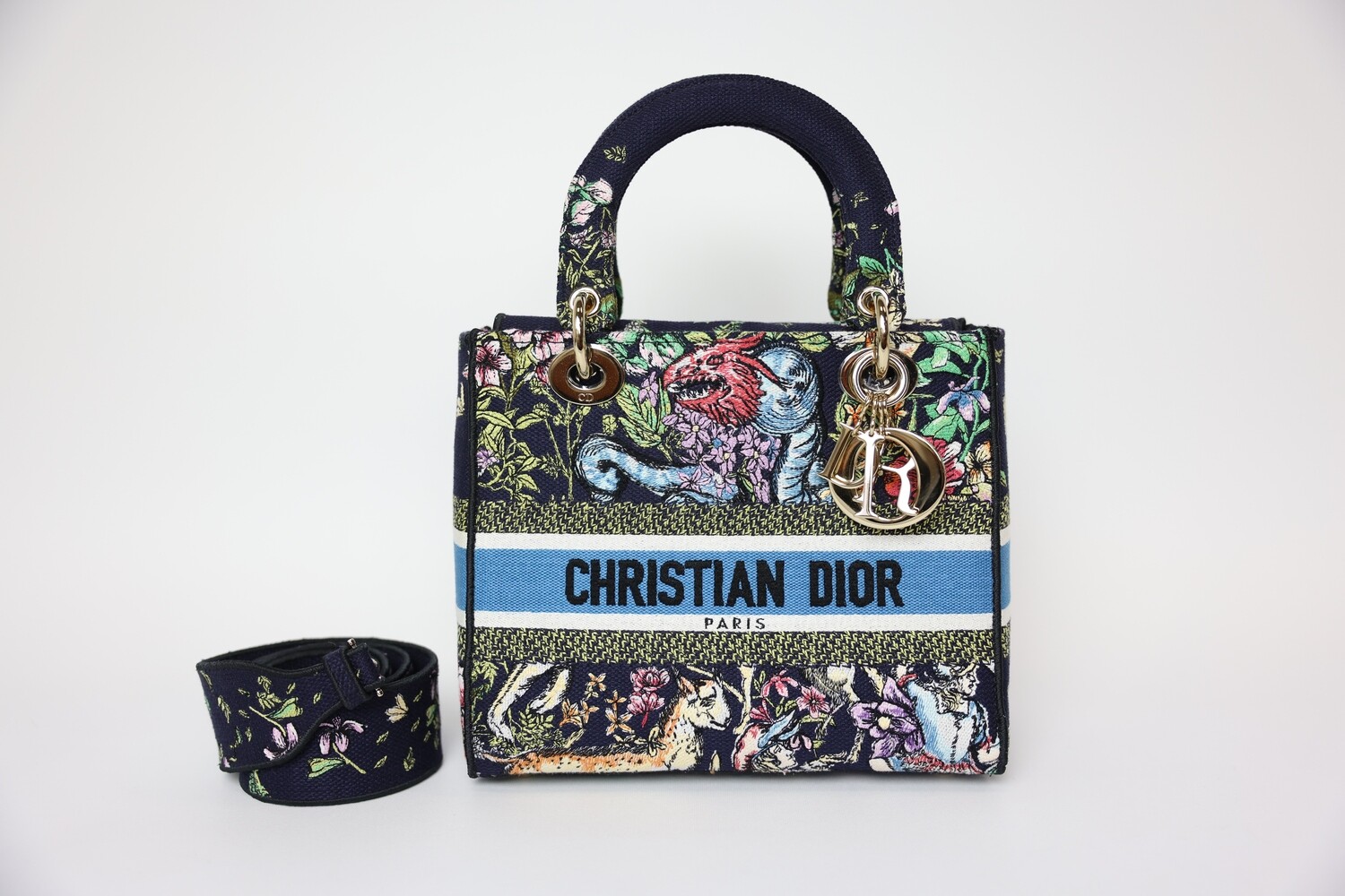 Dior Lady D-Lite Medium, Multicolor With Gold Hardware Preowned In Box WA001