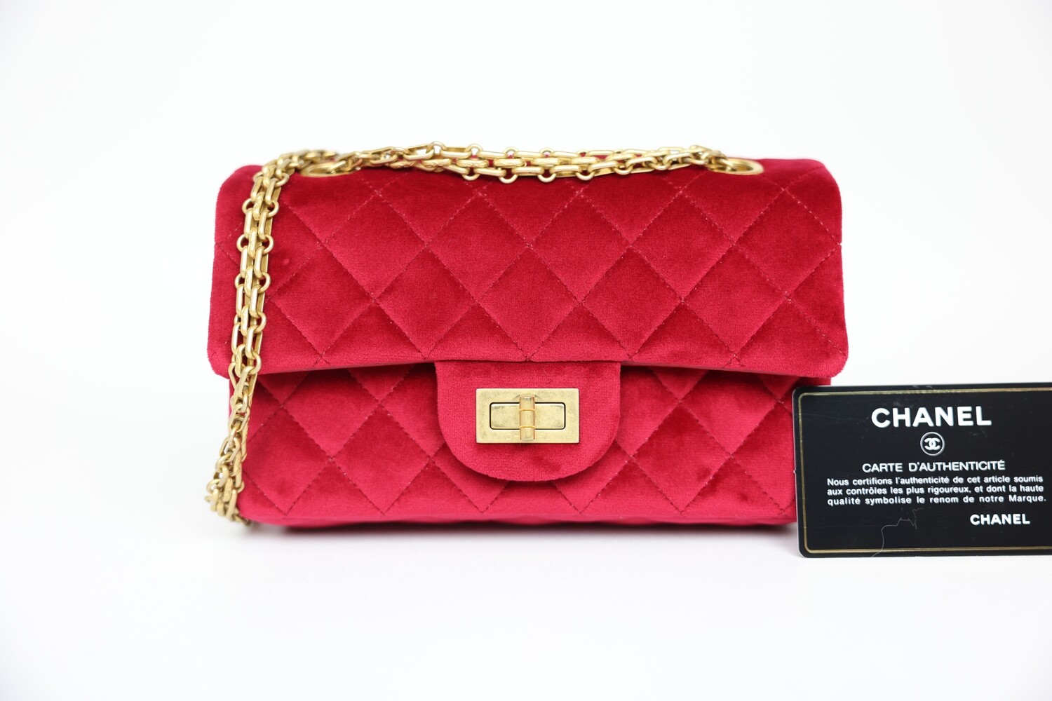Chanel Reissue Mini 2.55 Mini, Red Velvet With Brushed Gold Hardware, Preowned In Box WA001