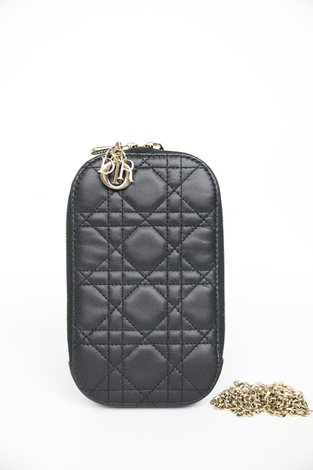 Dior Lady Dior phone holder, Black Leather With Gold Hardware, Preowned In Dustbag WA001