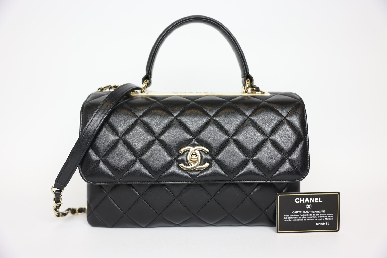 Chanel Trendy Medium, Black Lambskin Leather With Gold Hardware Preowned In Box WA001