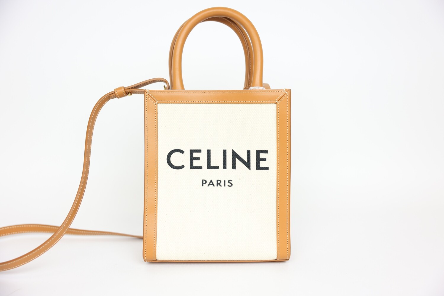 Celine Cabas Mini Vertical Bag, Natural Canvas with Tan Leather, New in Dustbag WA001