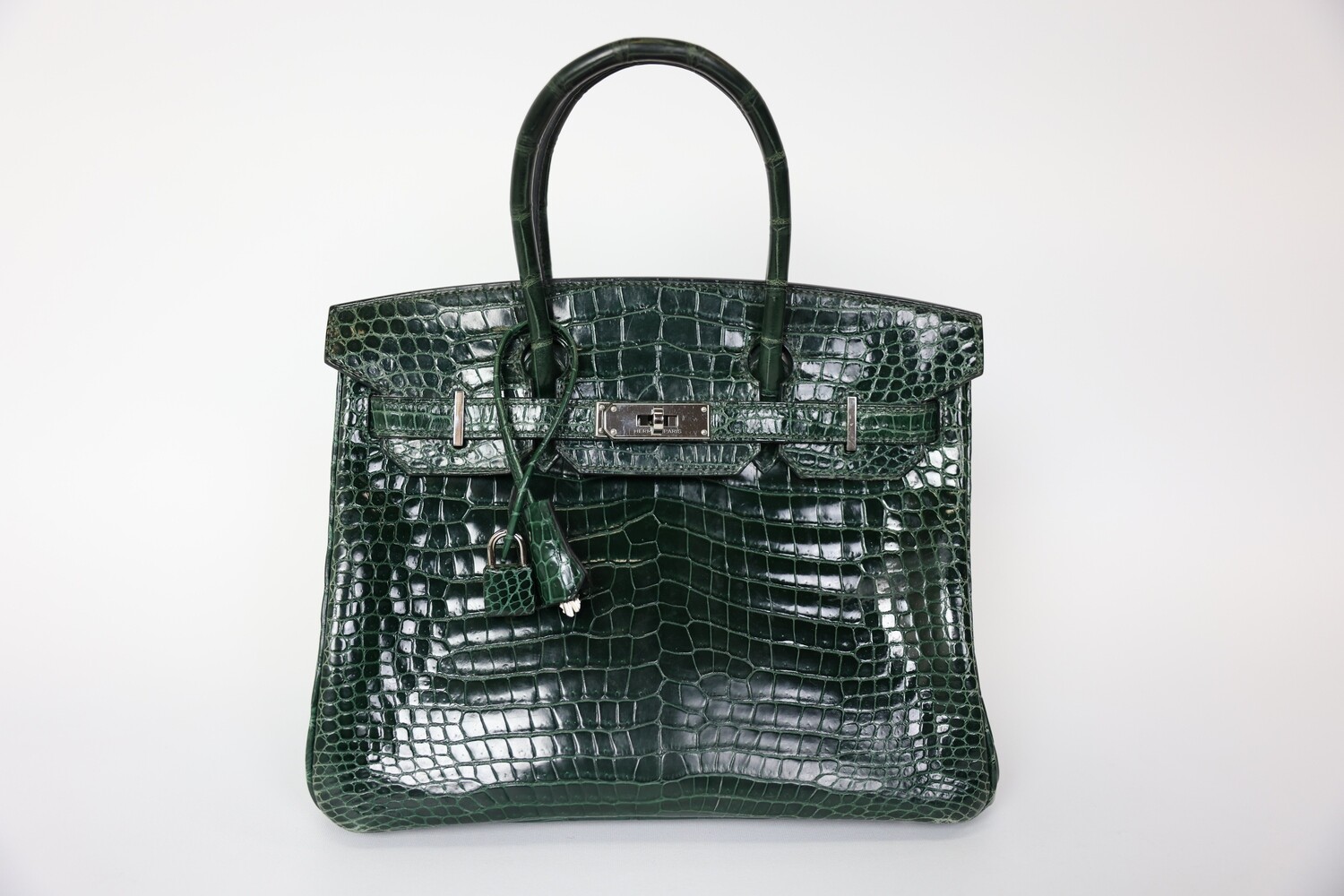 Hermes Birkin 30, Green Croc with Palladium Hardware, Preowned In Box,  WA001