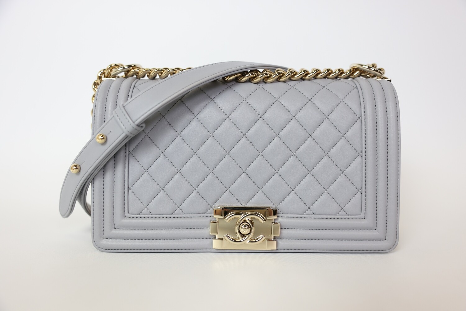 Chanel Boy Medium, Grey Lambskin with Gold Hardware, New in Box WA001