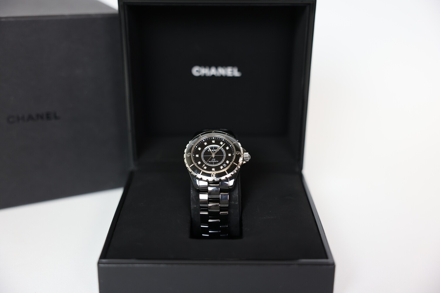 Chanel Watch J12, Black with Silver Hardware and Diamonds, Preowned in Box WA001