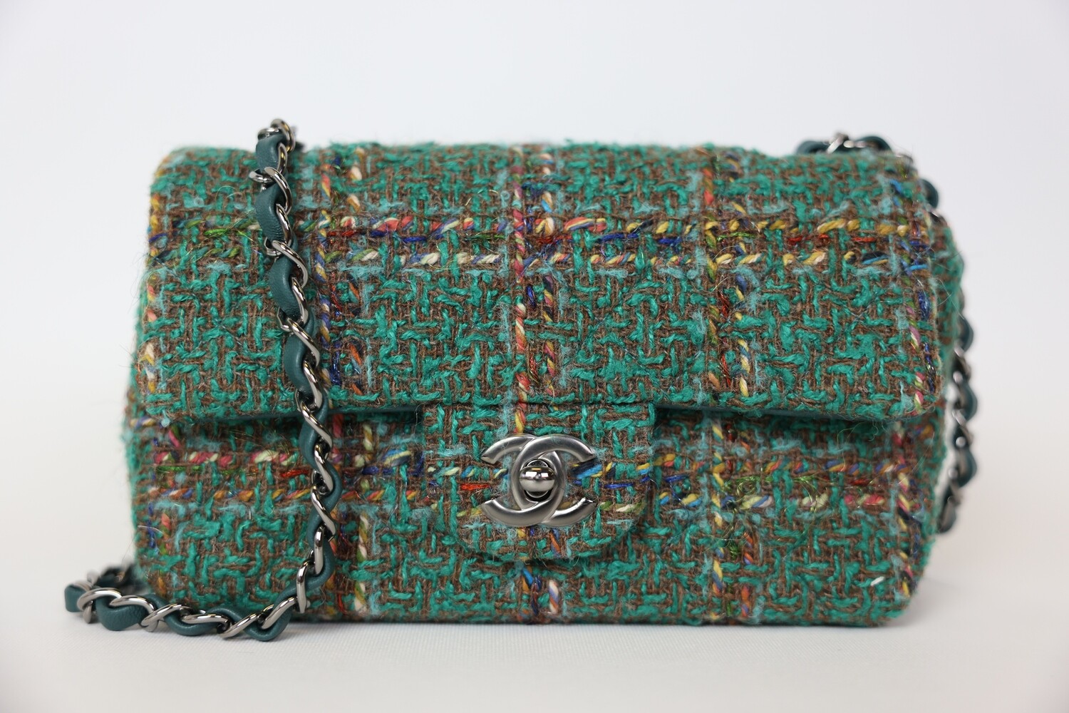 Chanel Flap Mini, Tweed Green With Silver Hardware, Preowned In Box WA001