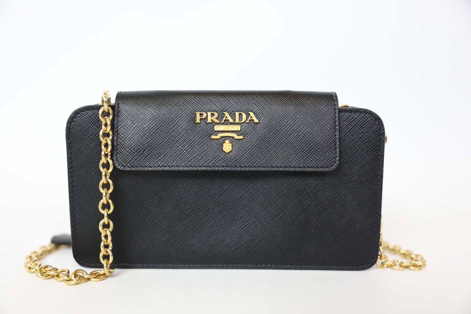 Prada Wallet on Chain, Black Saffiano Leather With Gold Hardware, Preowned In Box WA001