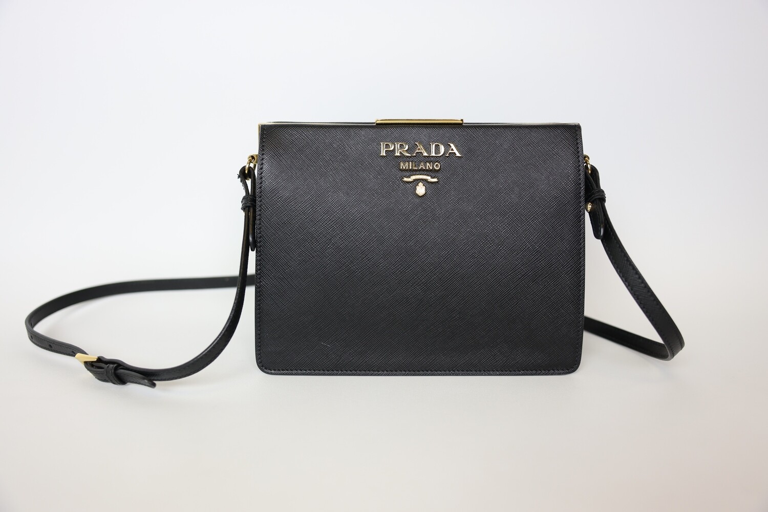 Prada Light Frame Crossbody Bag, Black Saffiano Leather With Gold Hardware, Preowned In Dustbag WA001