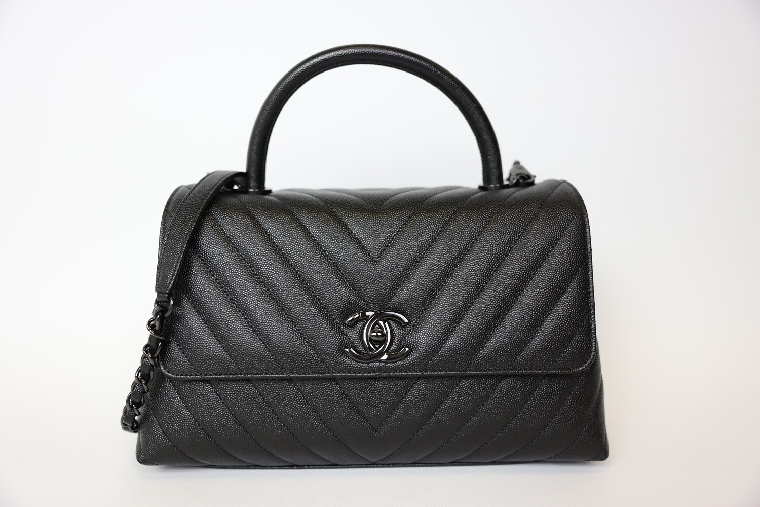 Chanel Coco Handle Medium, So Black Chevron Caviar Leather With Black Hardware, New In Box WA001