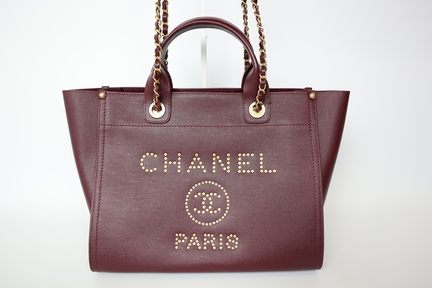 Chanel Deauville Tote Small Burgundy Studded Caviar With Gold Hardware Preowned In Box WA001