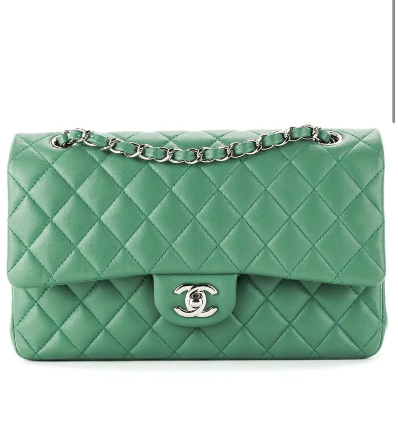 Chanel Classic Medium Double flap, Green Lambskin Leather, Silver Hardware, Preowned In Dustbag (Ships From London)