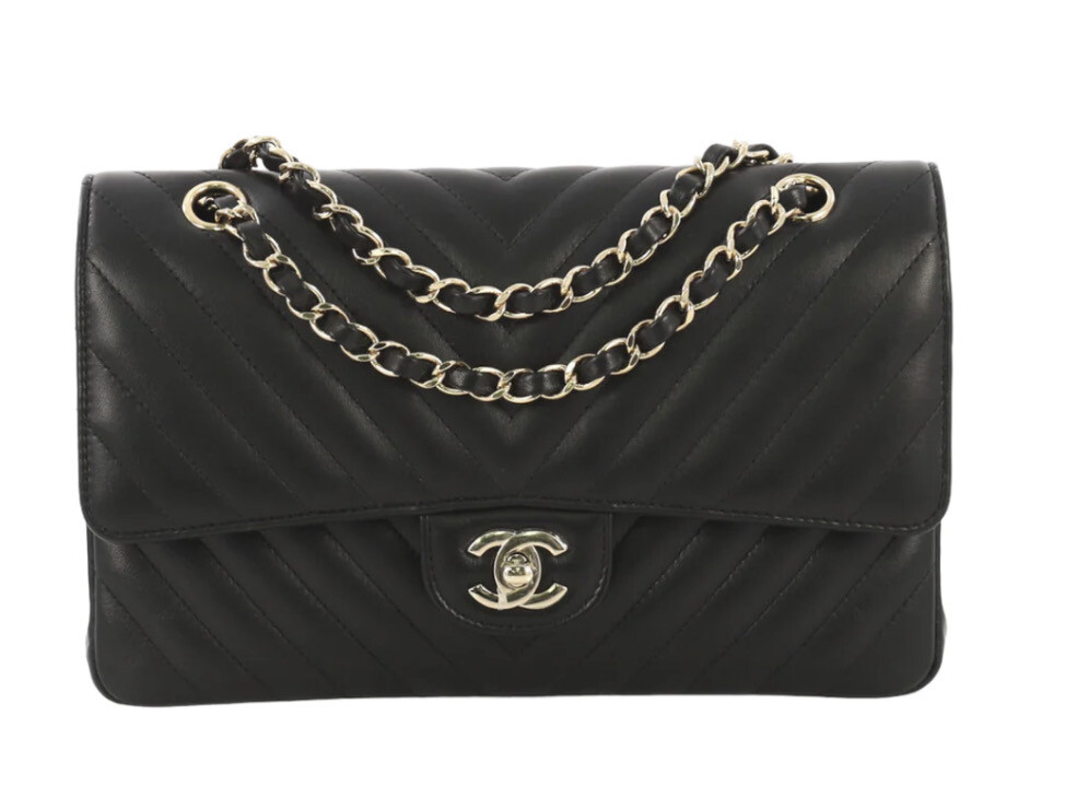 Chanel Classic Medium Double Flap, Black Chevron Lambskin Leather, Shiny Gold Hardware, Preowned In Black Dustbag (Ships From London)
