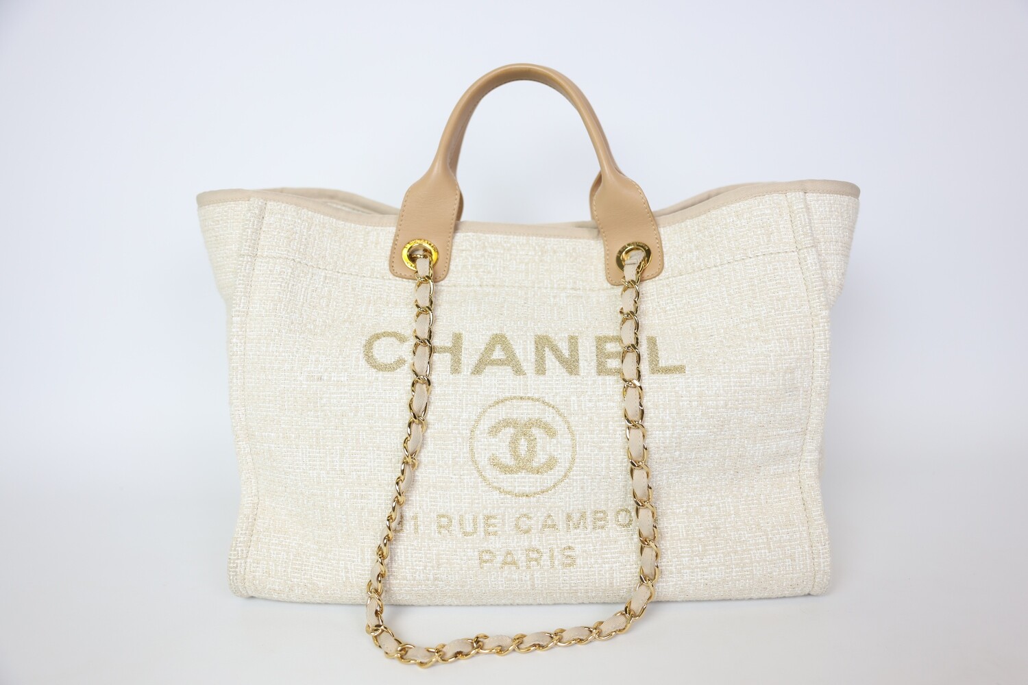Chanel Deauville Large, Tweed Beige With Gold Hardware, Preowned In Dustbag WA001