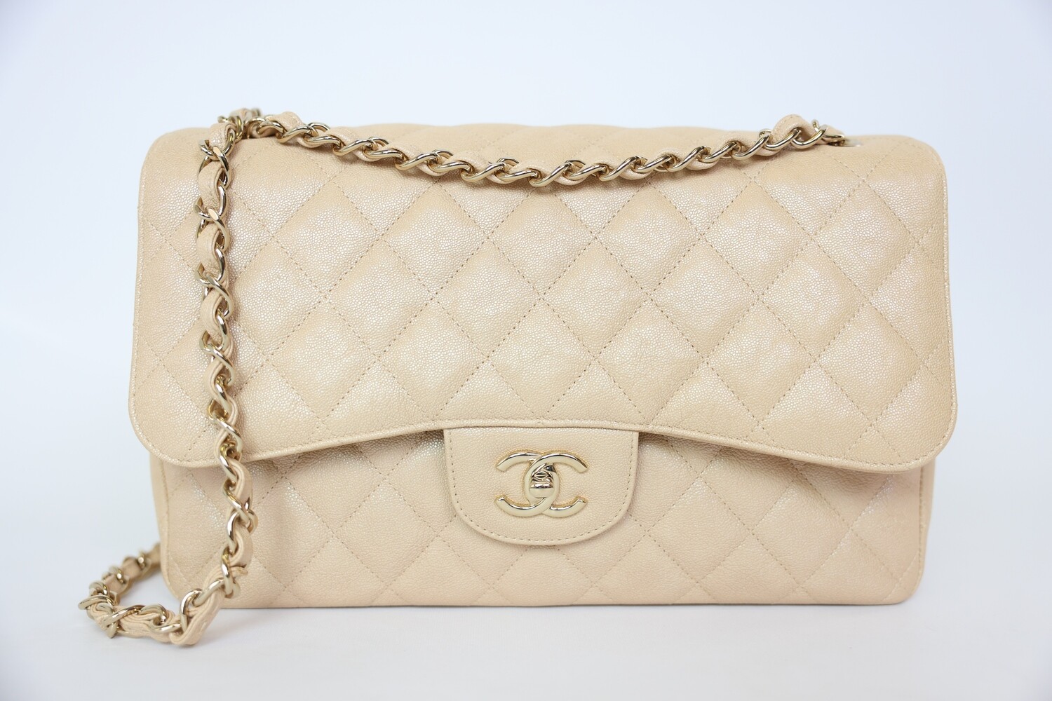 Chanel Classic Jumbo Double Flap, Iridescent Beige Caviar Leather With Gold Hardware, Preowned In Dustbag WA001