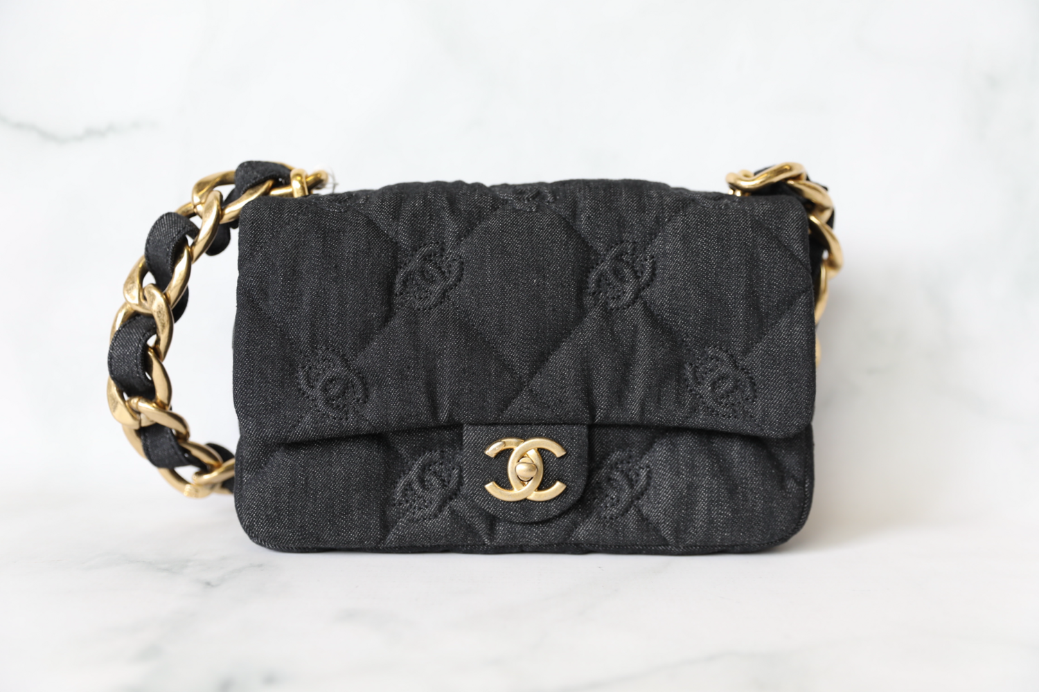 Chanel Funky Town Small CC Quilted Flap, Black Denim with Gold Hardware, New in Box MA001