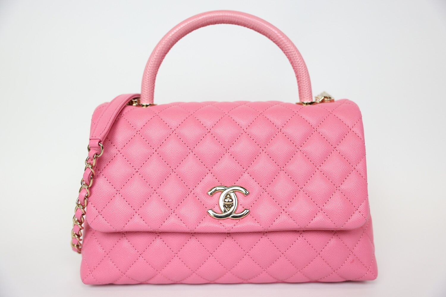 Chanel Coco Handle Size Small, Pink Quilted Caviar with Lizard Embossed Leather with Gold Hardware, Preowned in Dustbag WA001
