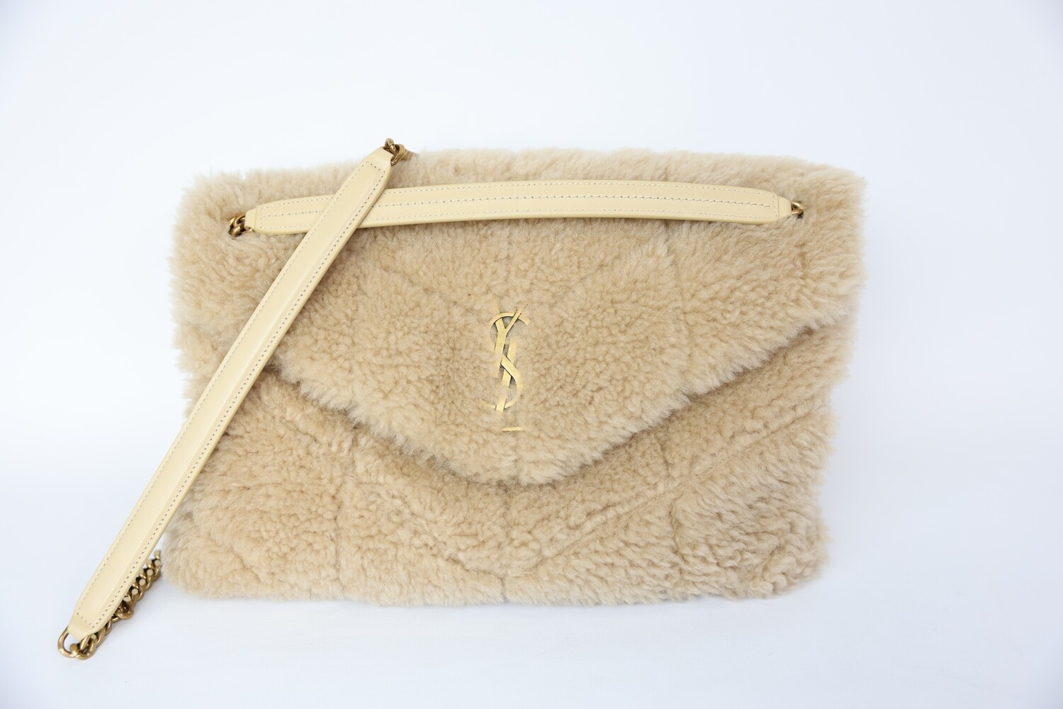 Saint Laurent LouLou Puffer Medium, Beige Shearling With Gold Hardware, Preowned In Dustbag WA001